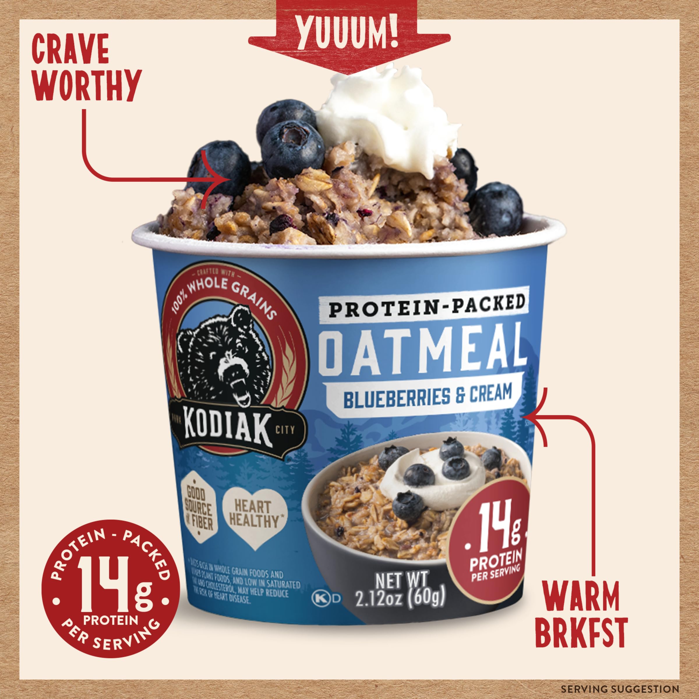 Kodiak Cakes whole grains oatmeal cup highlighting fiber and nutrition