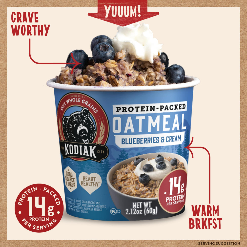 Kodiak Cakes whole grains oatmeal cup highlighting fiber and nutrition