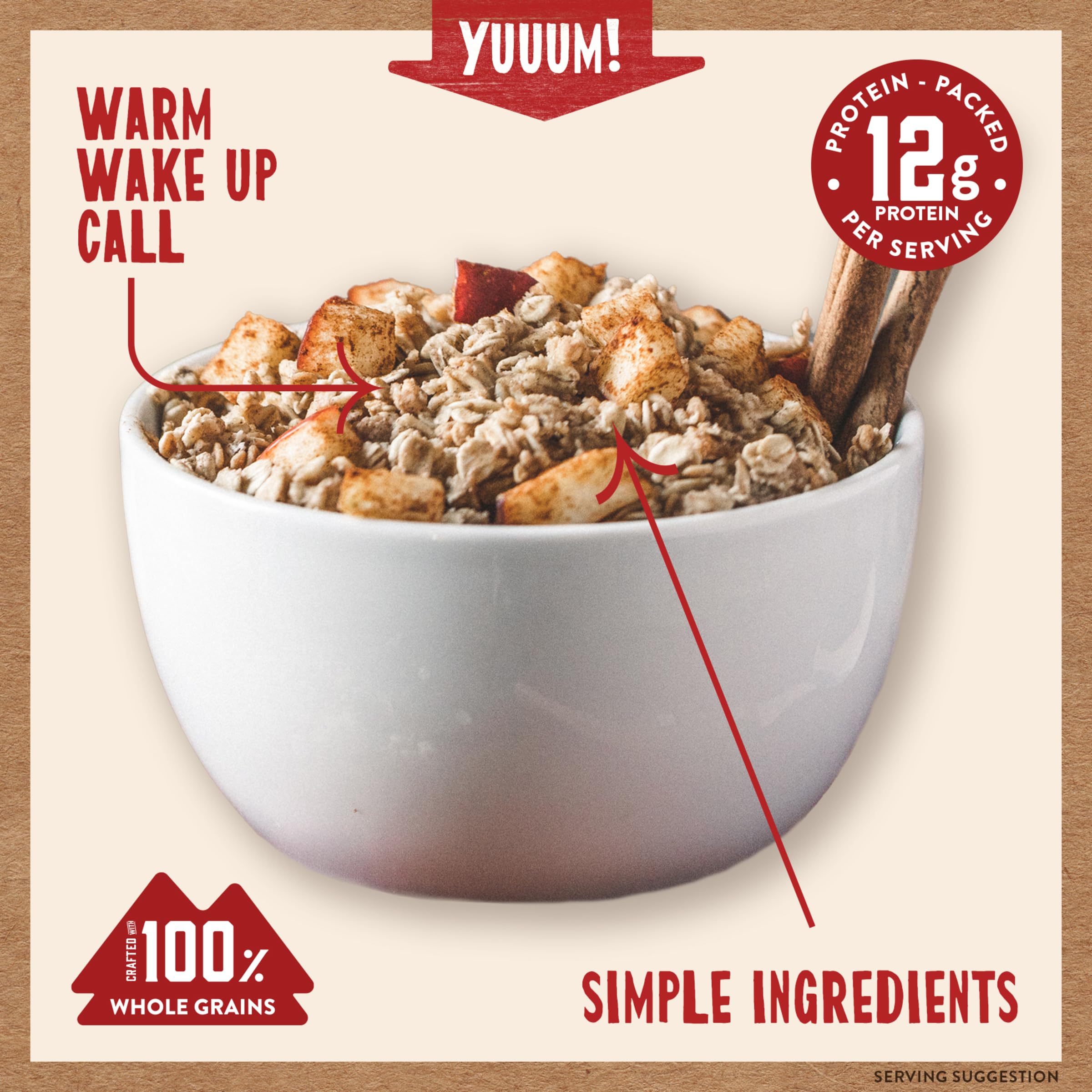 Whole grains imagery behind Kodiak Cakes Apple Cinnamon oatmeal for nutritious mornings.