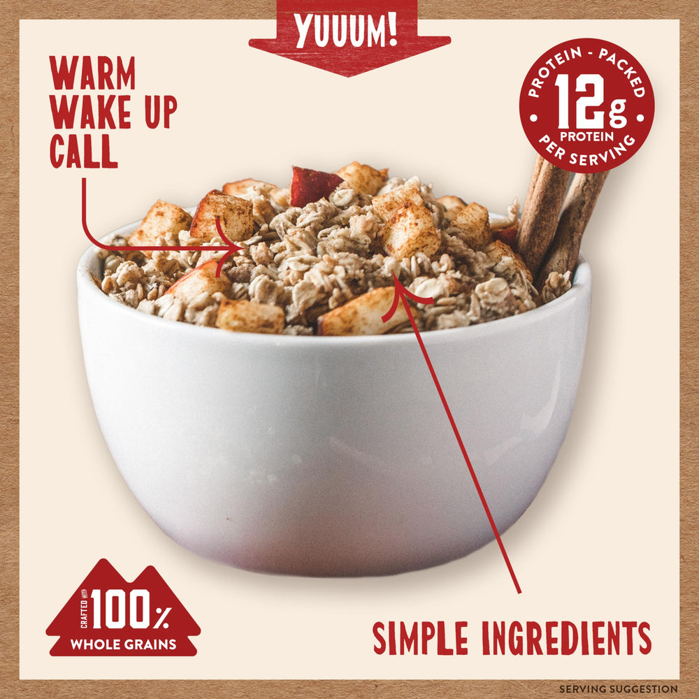 Whole grains imagery behind Kodiak Cakes Apple Cinnamon oatmeal for nutritious mornings.