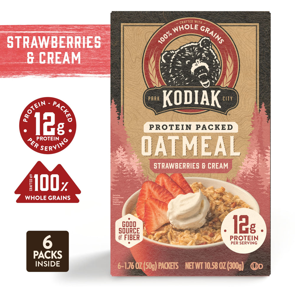 Six boxes of Kodiak Strawberries & Cream packets in a 36-pack