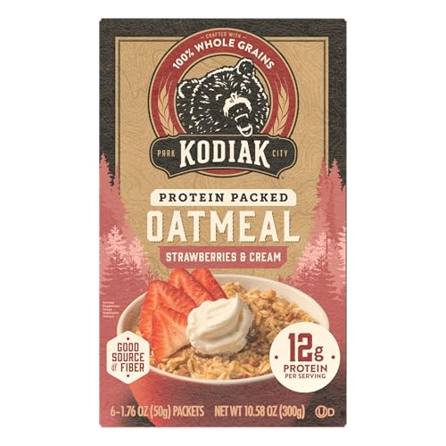 Close-up of Kodiak oatmeal packet showing 12 g protein per serving