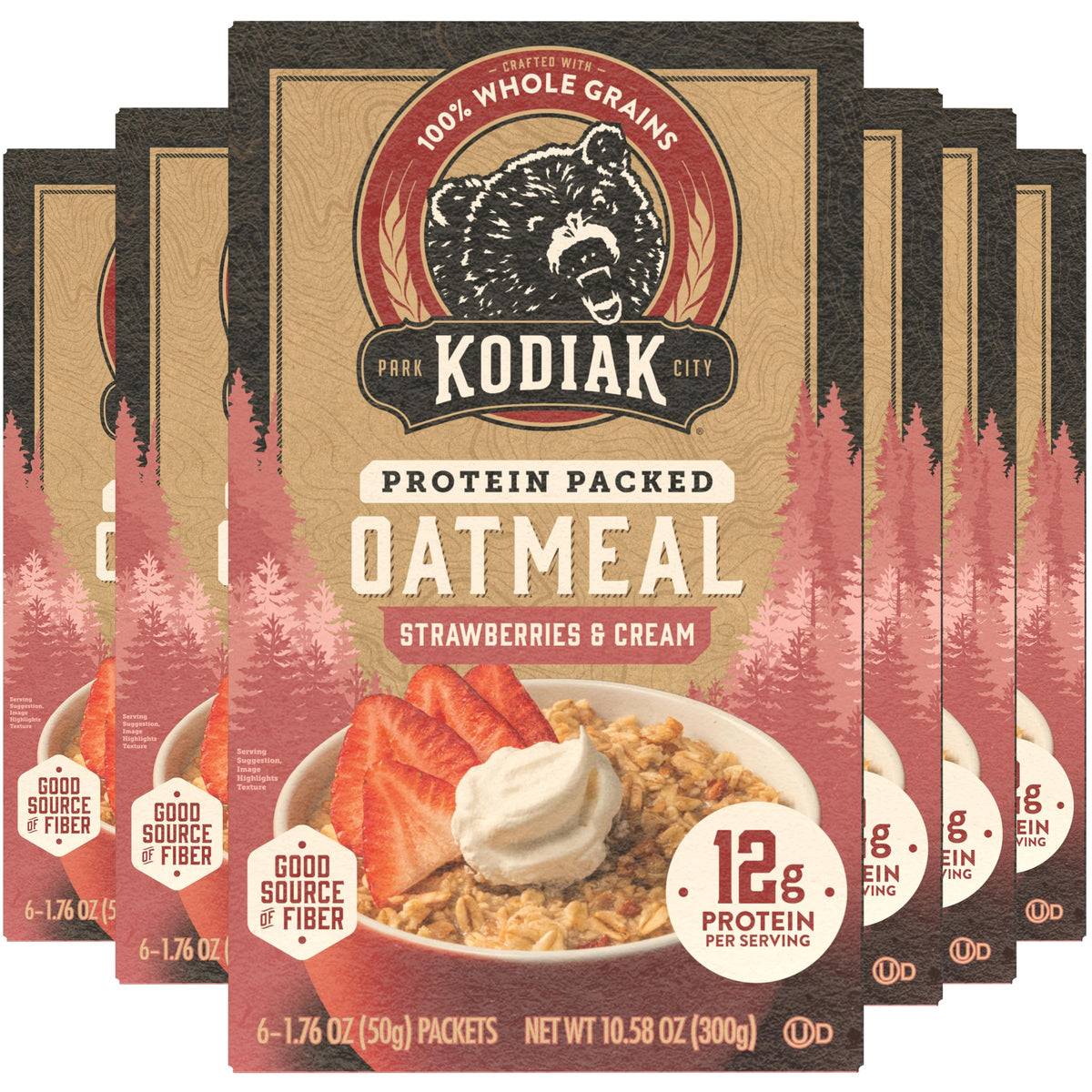 Kodiak Strawberries & Cream oatmeal packet on counter for quick protein boost