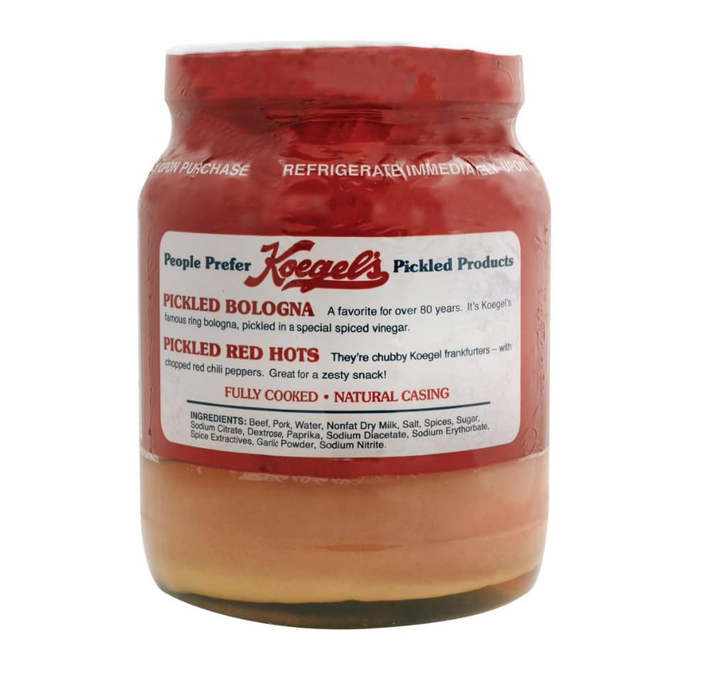Close-up of ring bologna in vinegar, showing rich color for snacking.