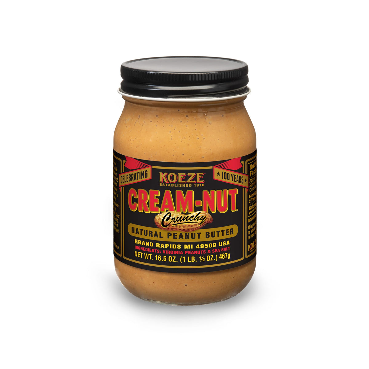 Koeze Cream-Nut Crunchy Natural Peanut Butter jar with chunky Virginia peanuts for a hearty crunch.