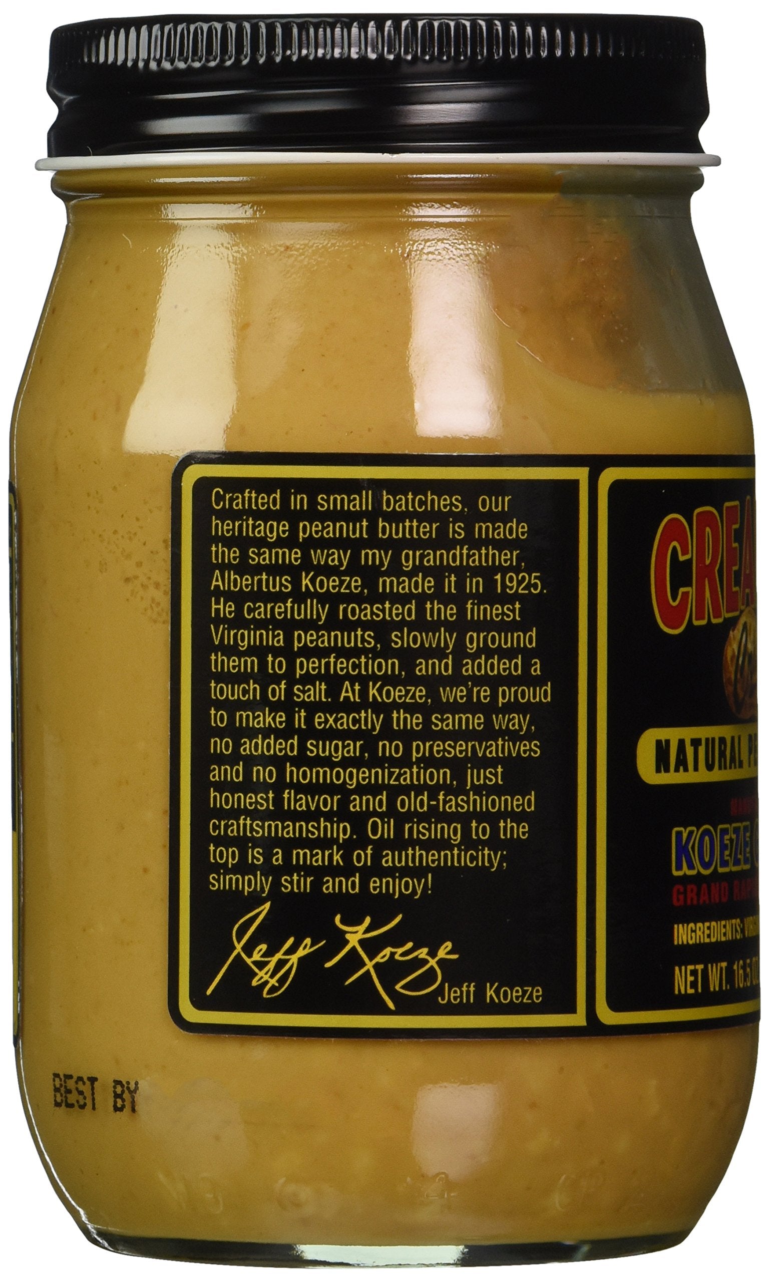 Label detail of Koeze peanut butter highlighting natural ingredients.