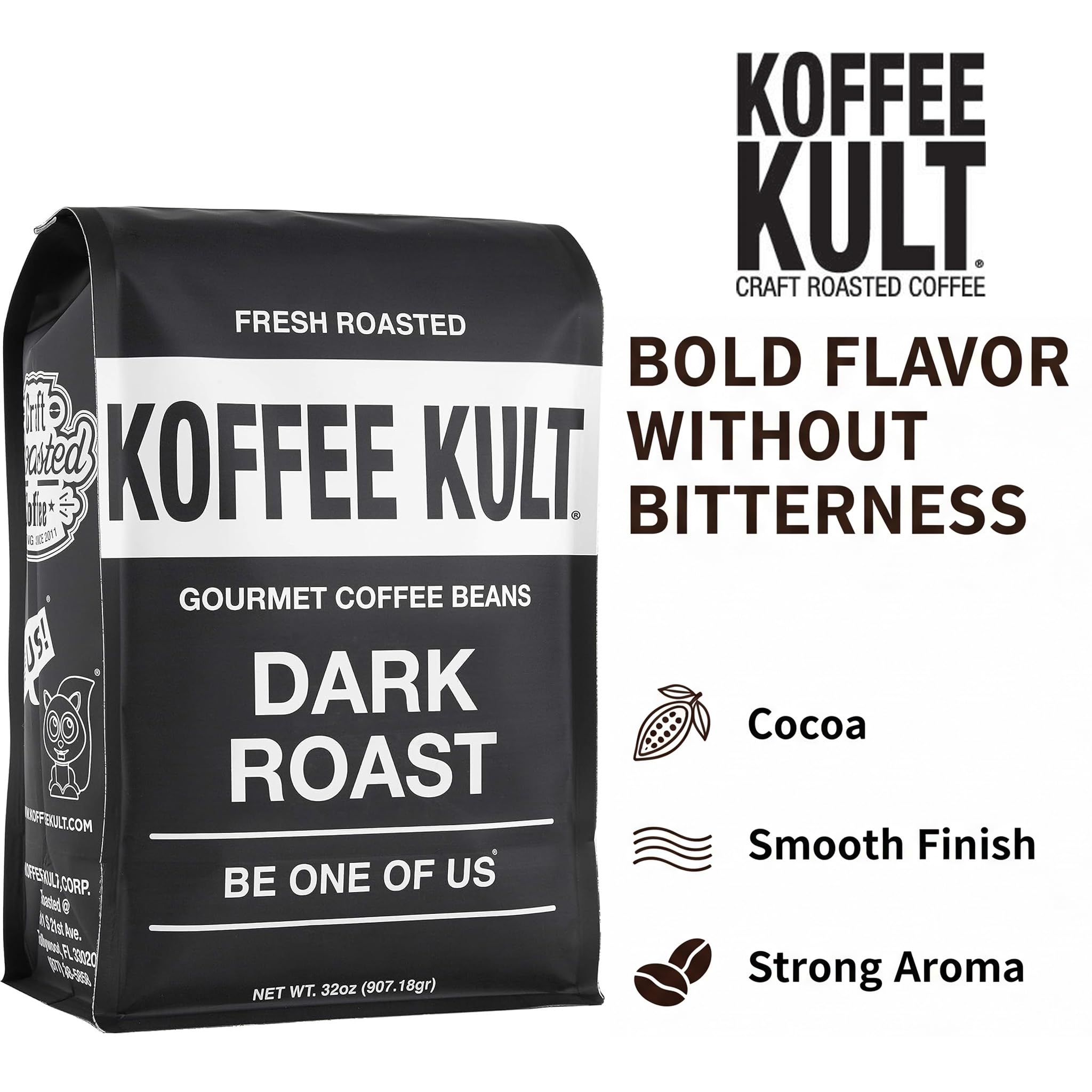 Koffee Kult dark roast beans close-up showing rich color and even roast