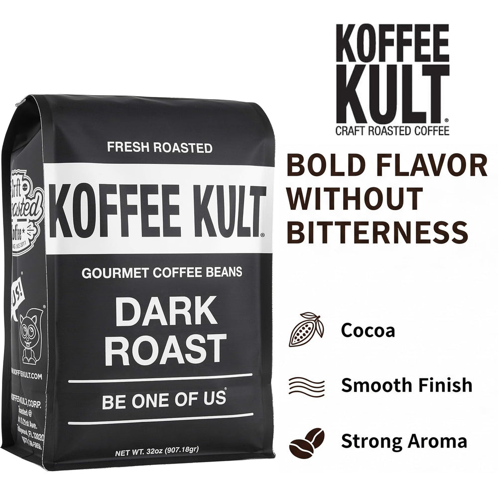 Koffee Kult dark roast beans close-up showing rich color and even roast