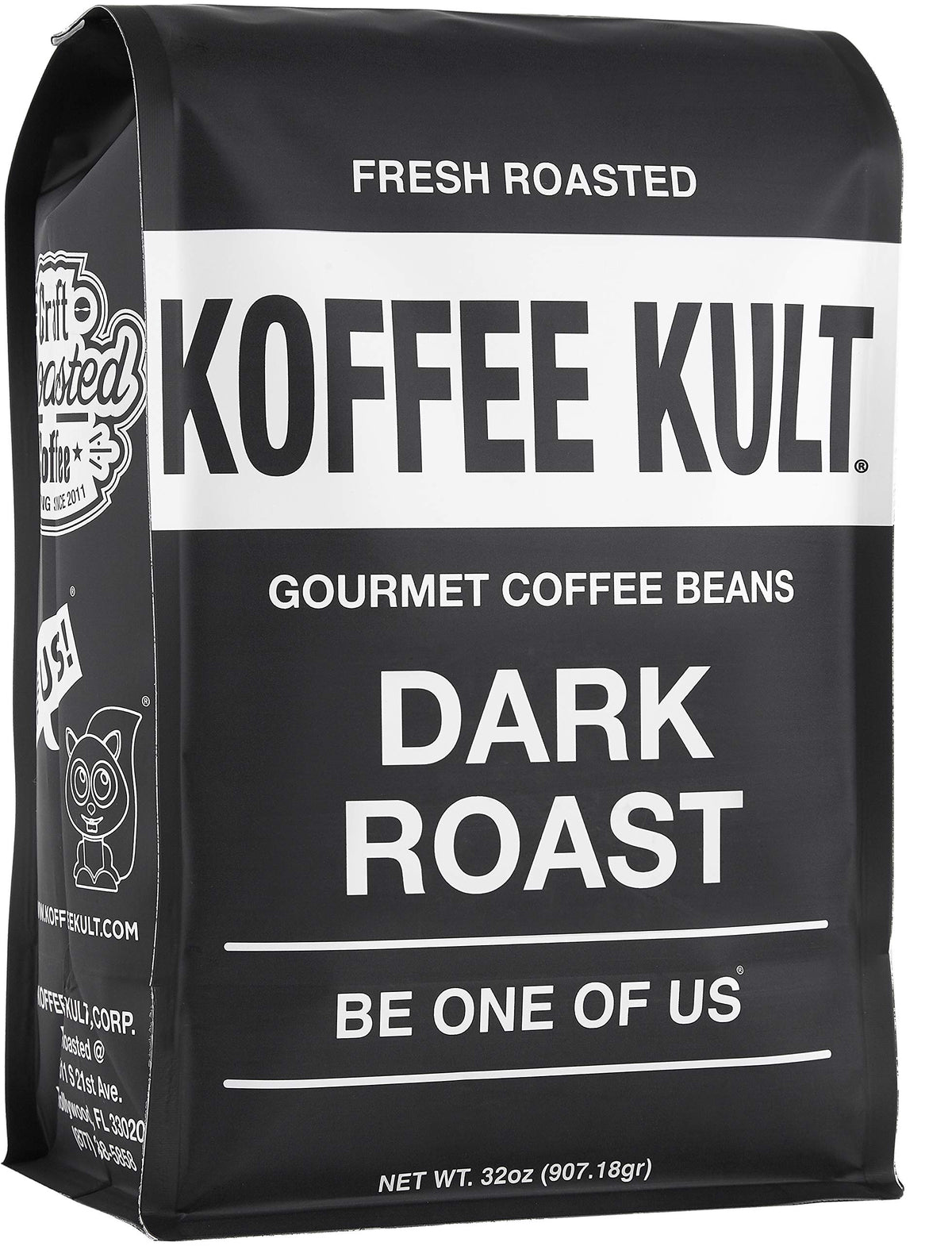 Koffee Kult dark roast whole beans in a 32oz resealable bag for freshness