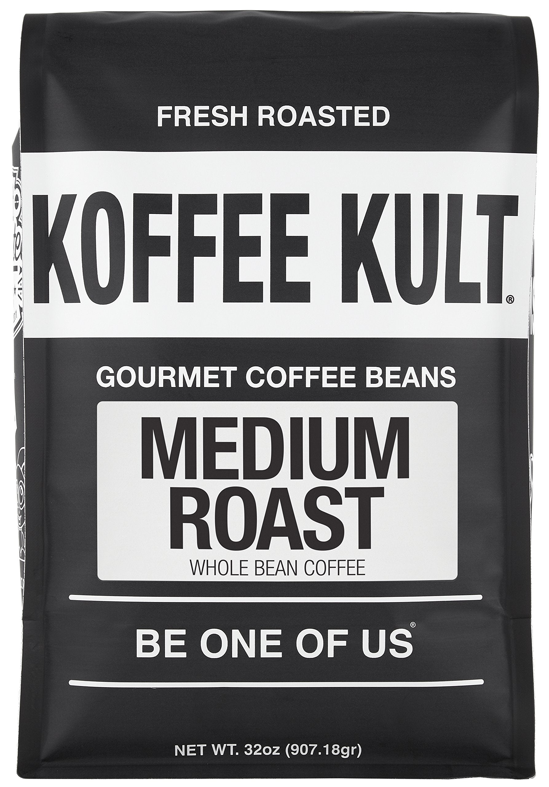 Koffee Kult Medium Roast packaging label highlighting fresh, oil-free beans