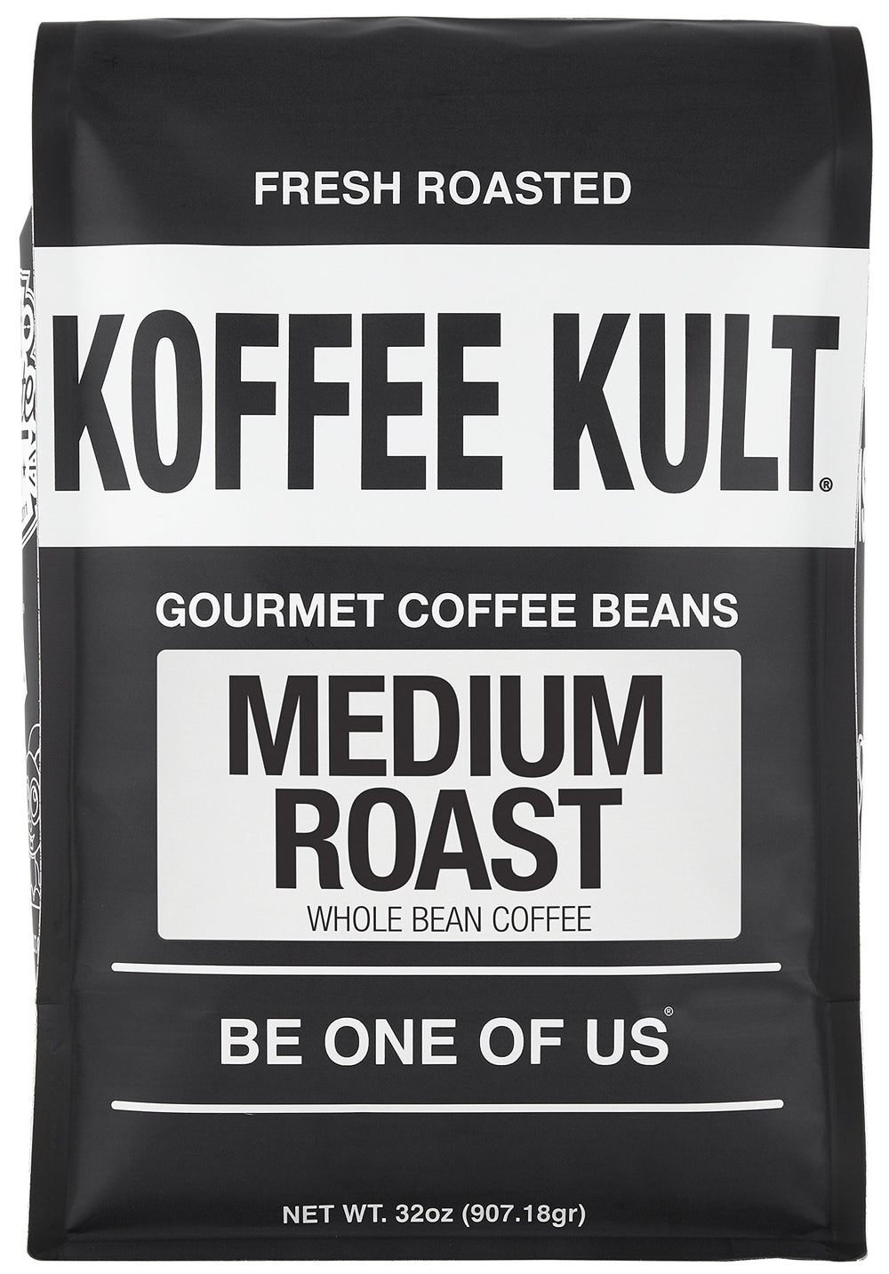 Koffee Kult Medium Roast packaging label highlighting fresh, oil-free beans