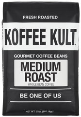 Koffee Kult Medium Roast packaging label highlighting fresh, oil-free beans