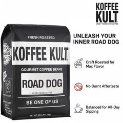 Koffee Kult Road Dog Dark Roast bag highlights premium packaging and freshness.