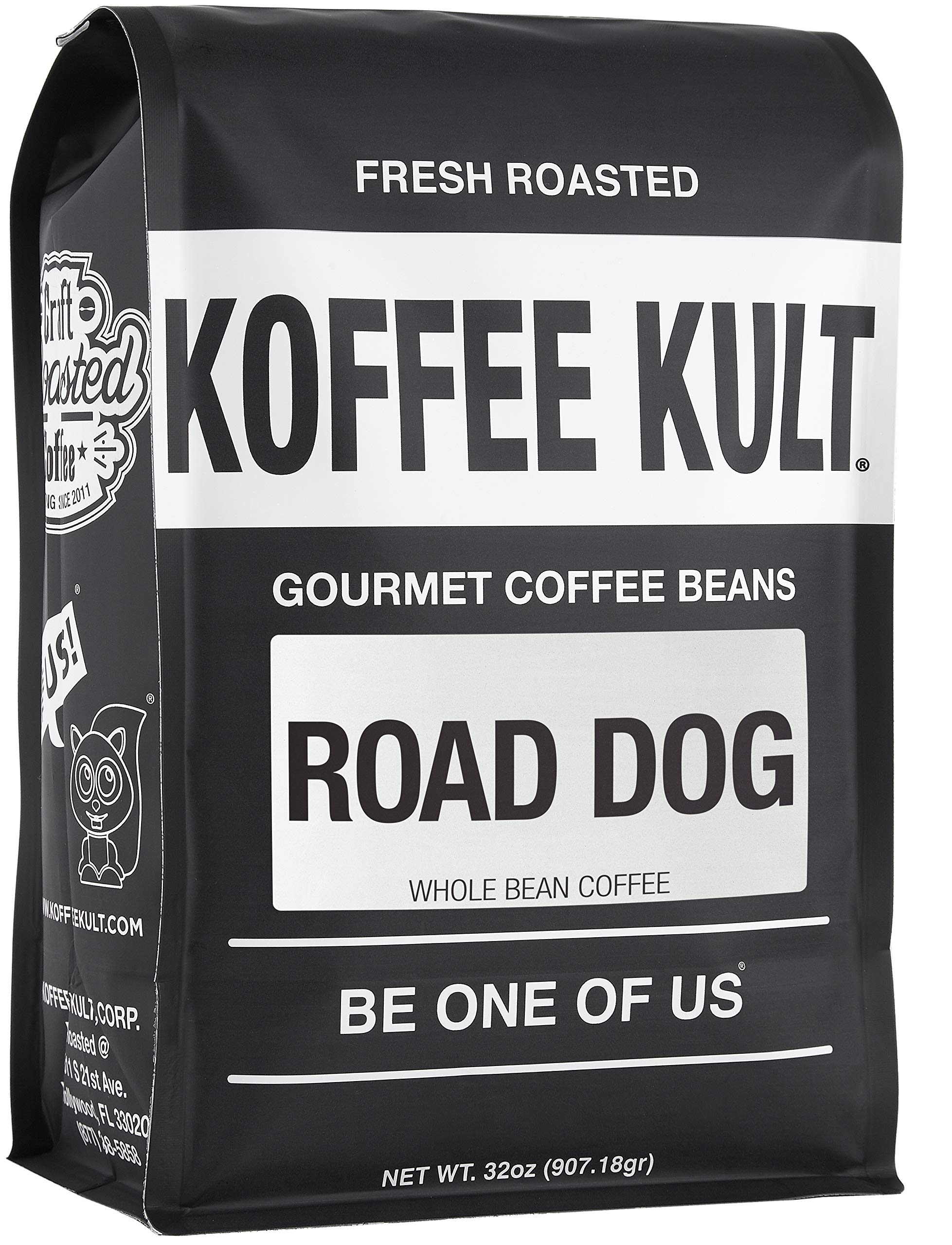 Koffee Kult Road Dog Dark Roast beans show bold flavor and aroma.
