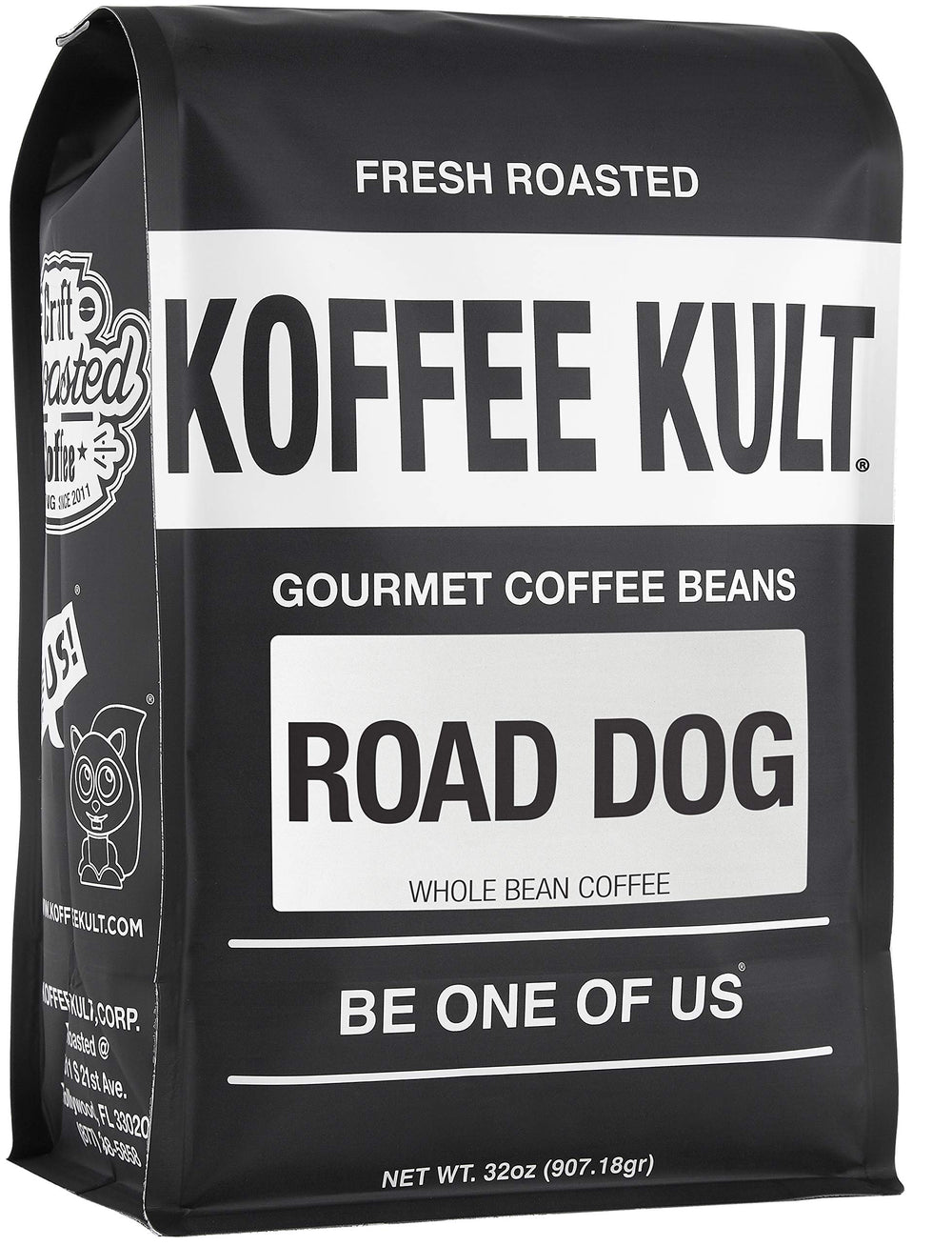 Koffee Kult Road Dog Dark Roast beans show bold flavor and aroma.