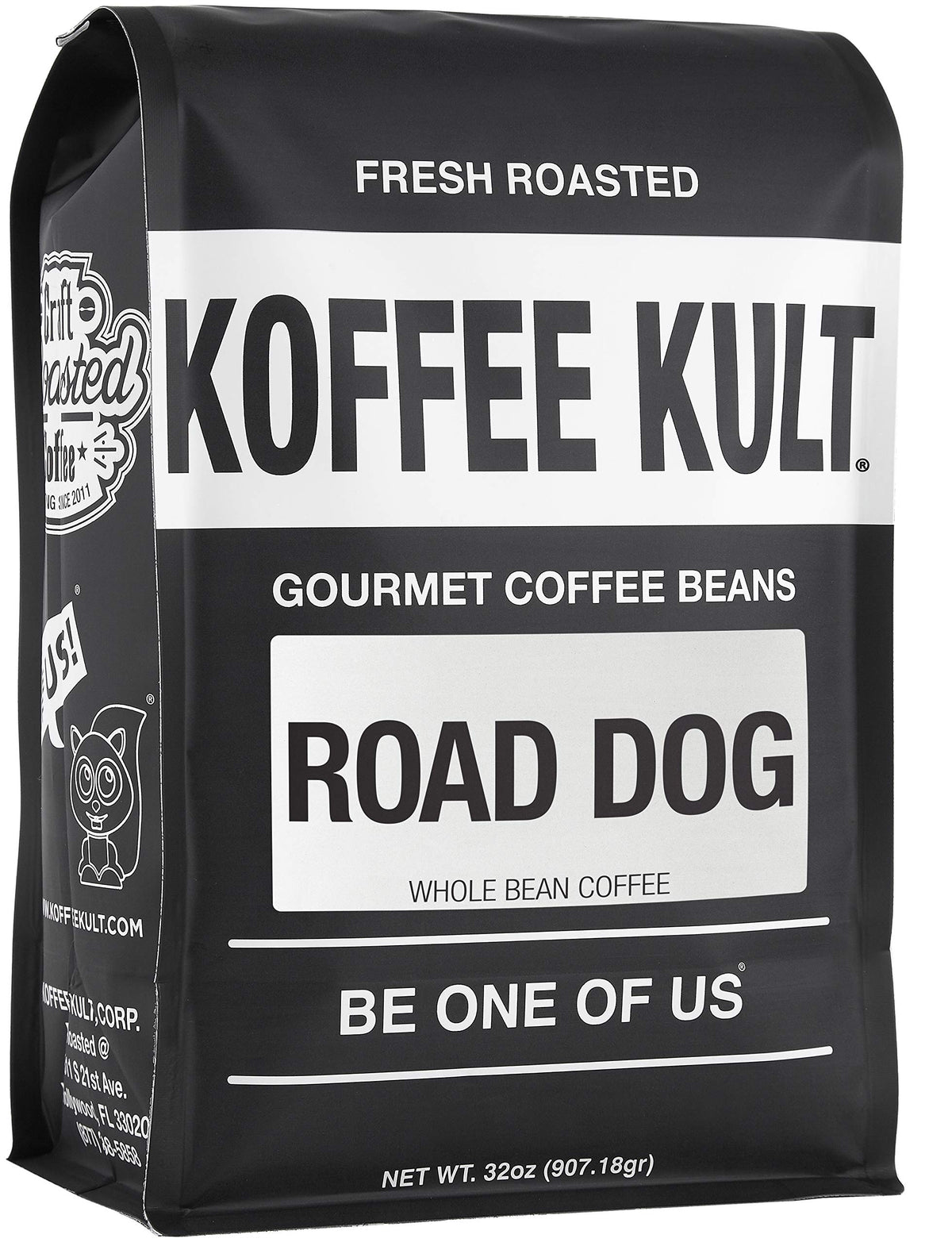 Koffee Kult Road Dog Dark Roast beans show bold flavor and aroma.