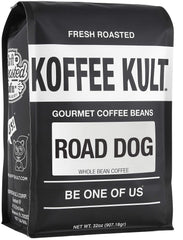 Koffee Kult Road Dog Dark Roast beans show bold flavor and aroma.
