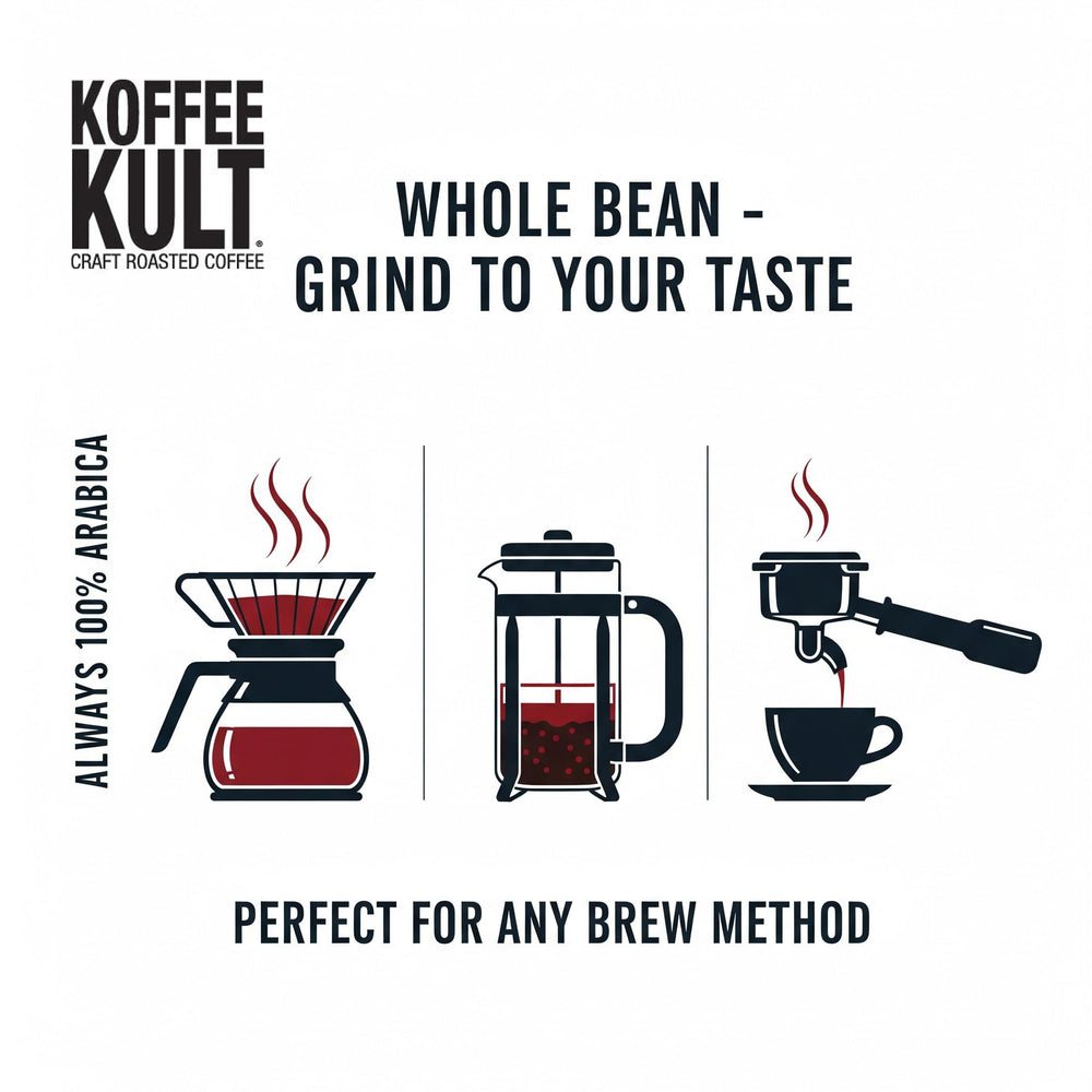 Koffee Kult Road Dog Dark Roast cup with steam signaling inviting aroma.