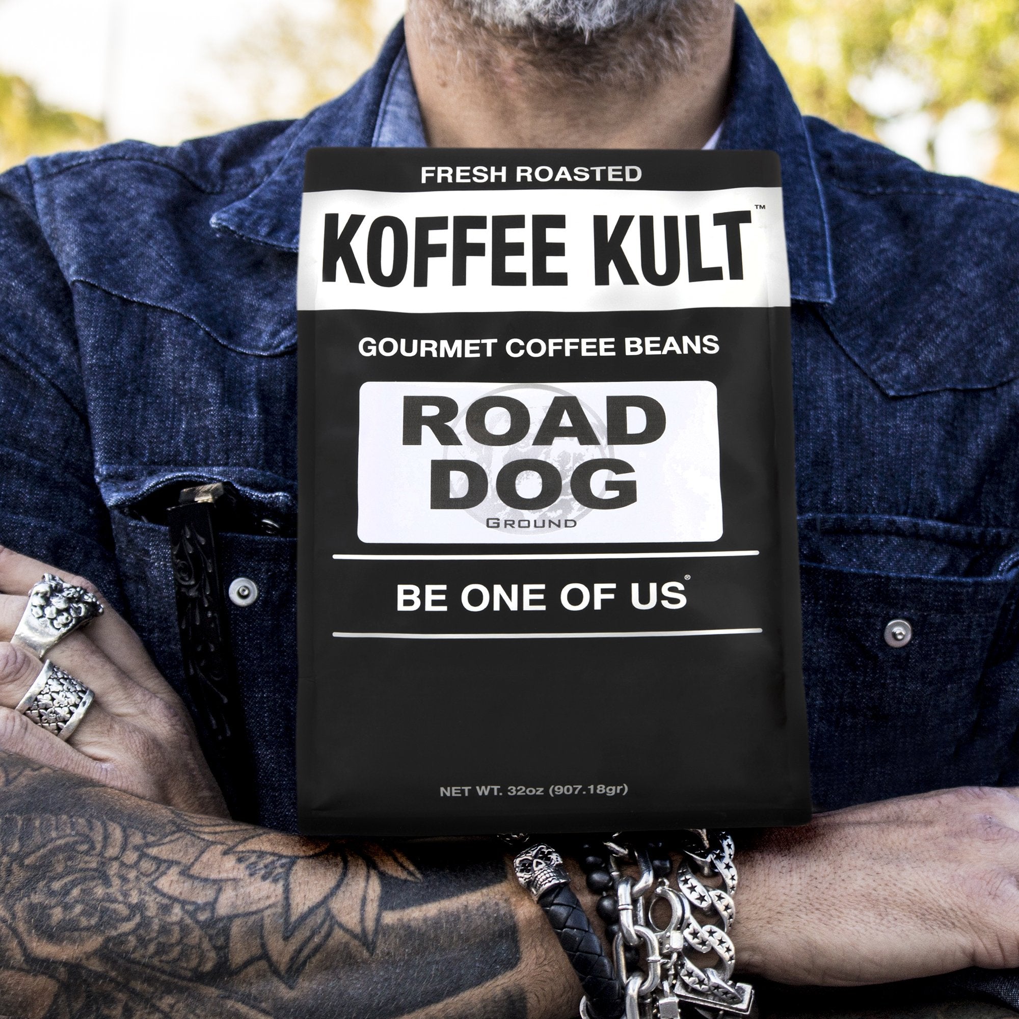 Koffee Kult Road Dog Dark Roast grinder ready for fresh grind.