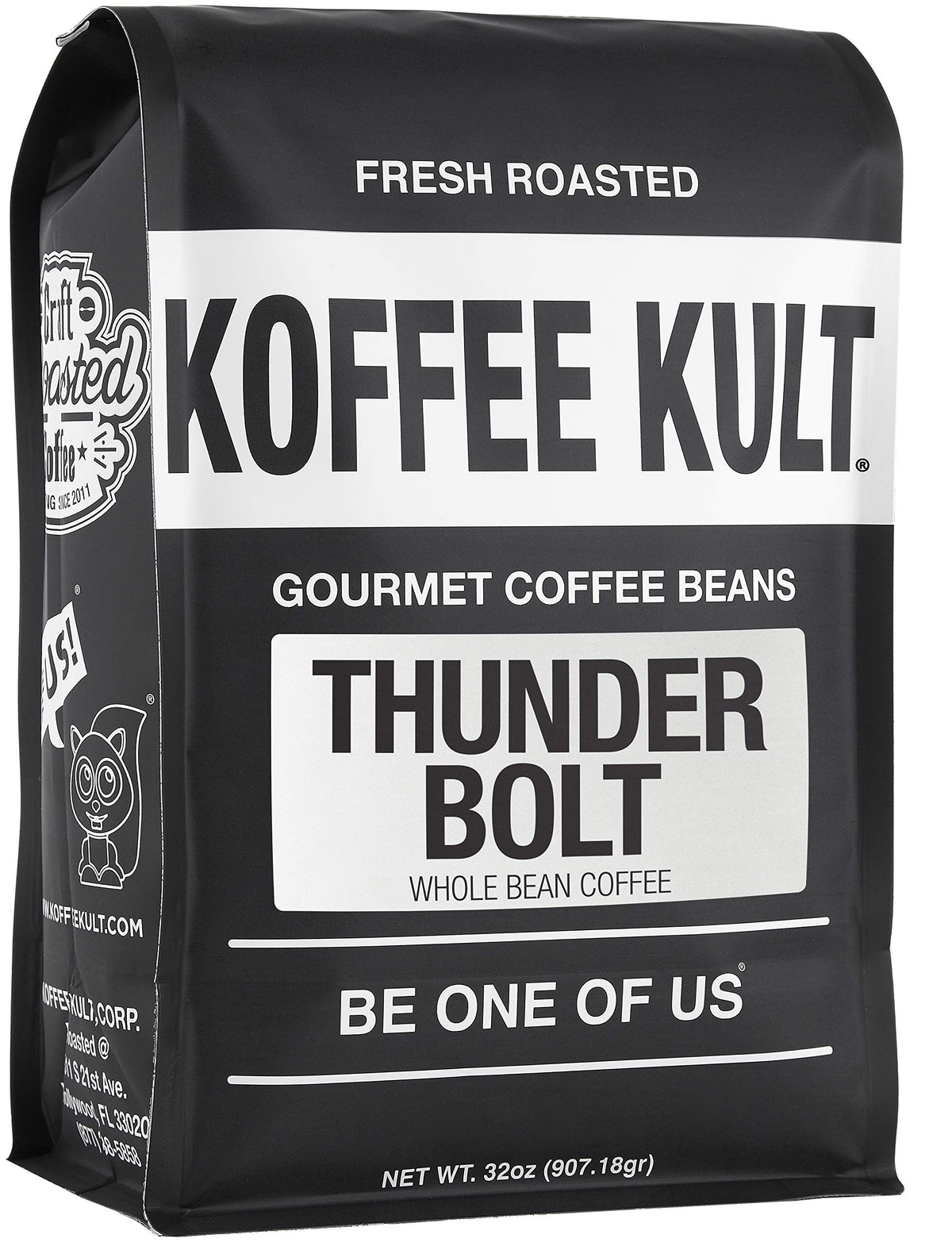 Koffee Kult Thunder Bolt dark French roast bag shows resealable packaging for freshness