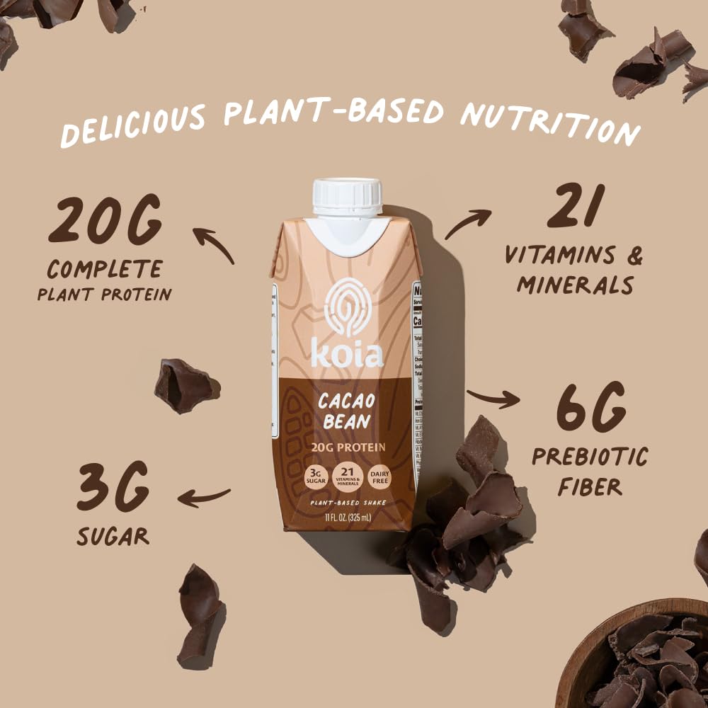 Koia 20g protein label on bottle emphasizes plant-based nutrition for meals.