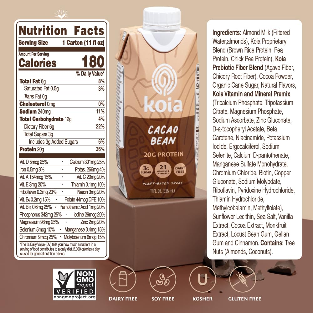 Koia cacao bean shake close-up shows rich color and indulgent flavor, great post-workout snack.