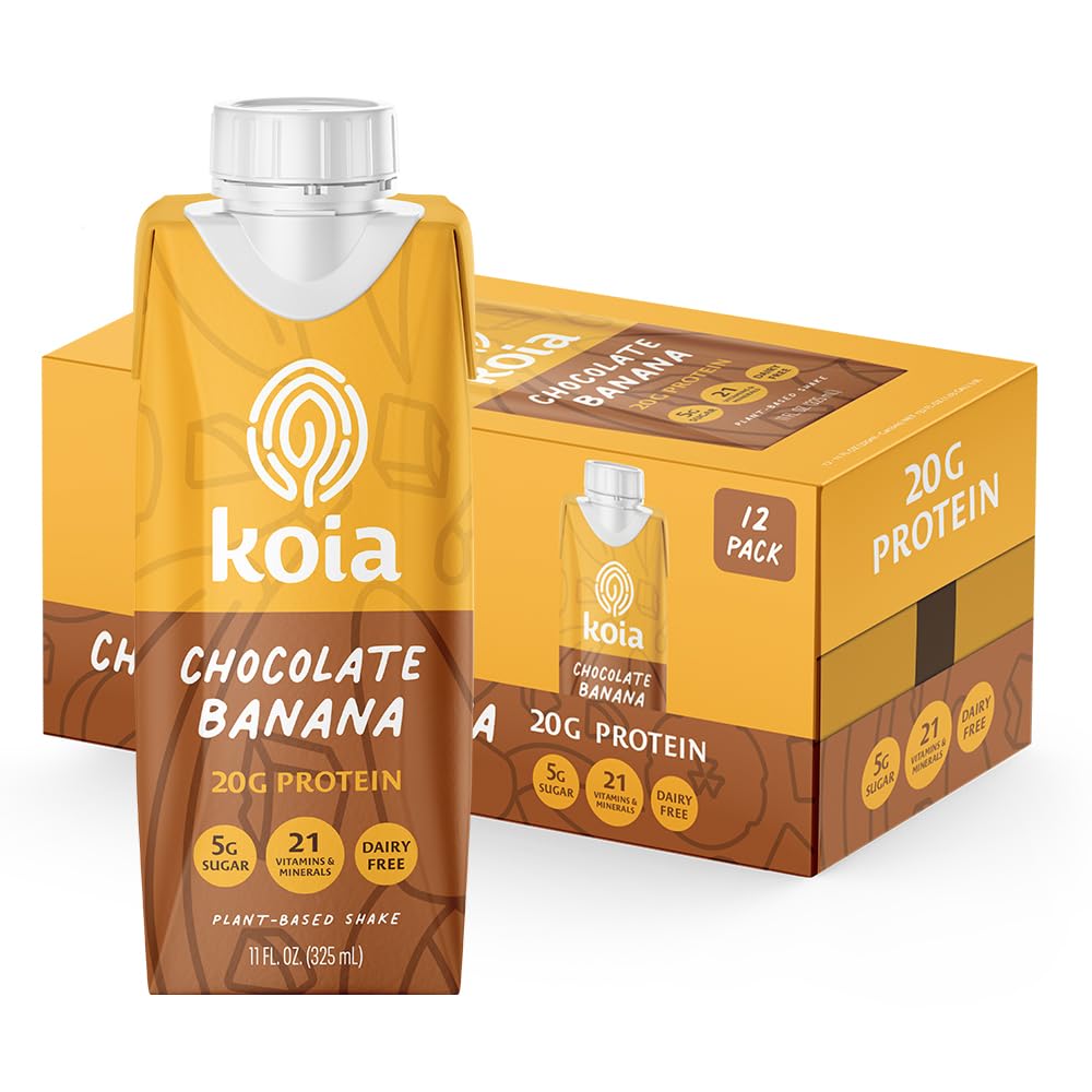 Koia chocolate banana protein shake glass shows creamy texture for post-workout refreshment.