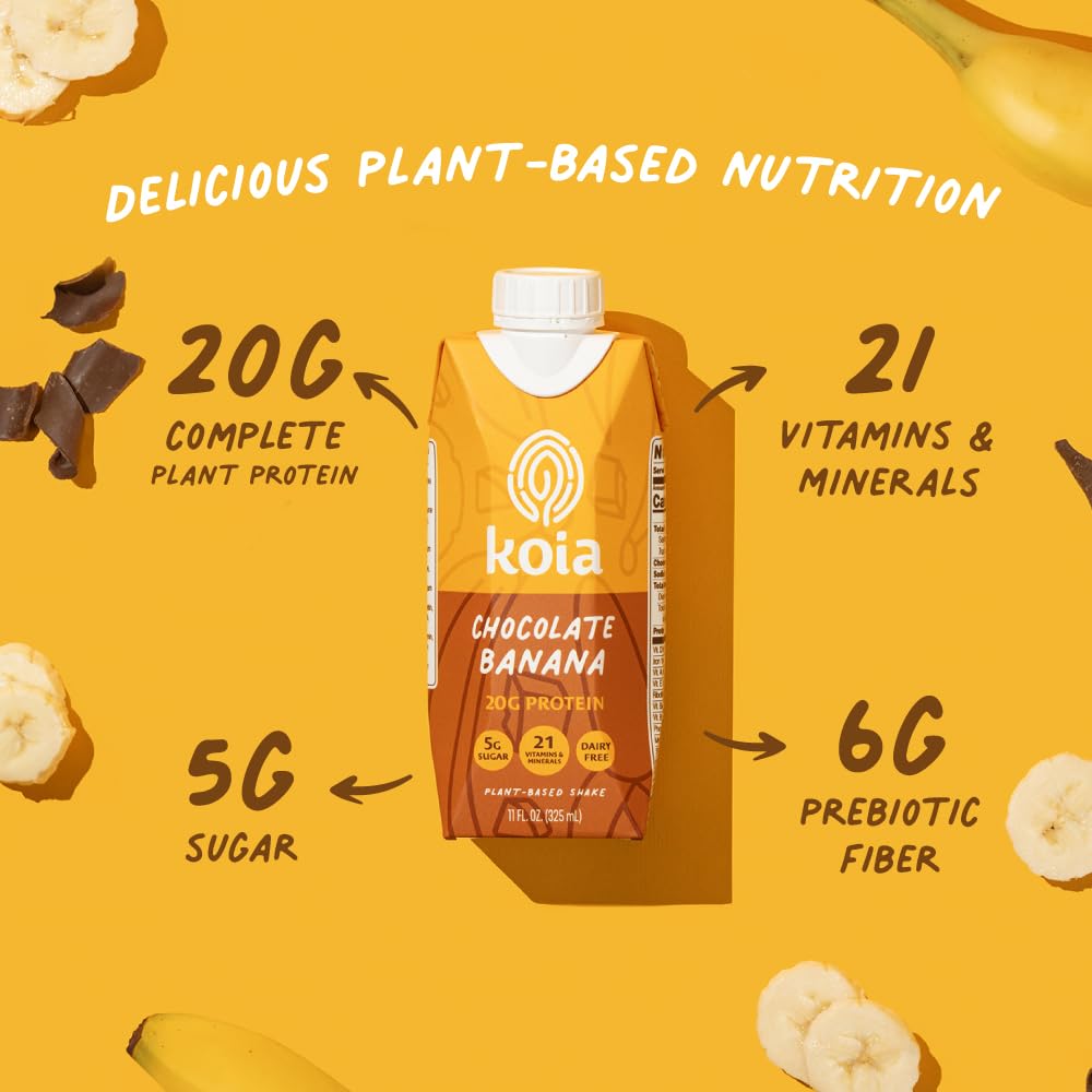 Pouring Koia shake highlights rich chocolate banana flavor and smooth texture.