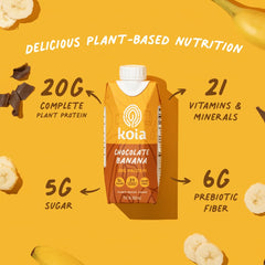 Pouring Koia shake highlights rich chocolate banana flavor and smooth texture.