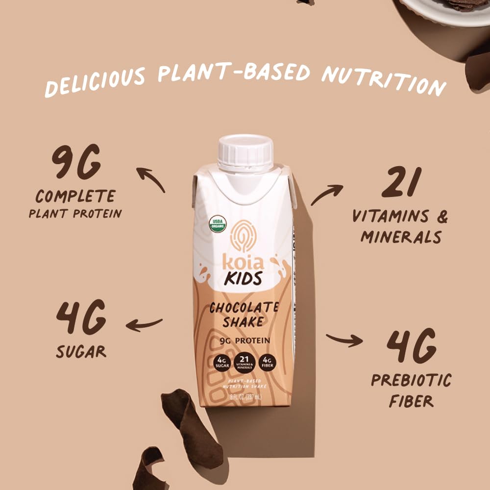 Koia Kids chocolate shake kid drinking a dairy-free, allergen-free treat