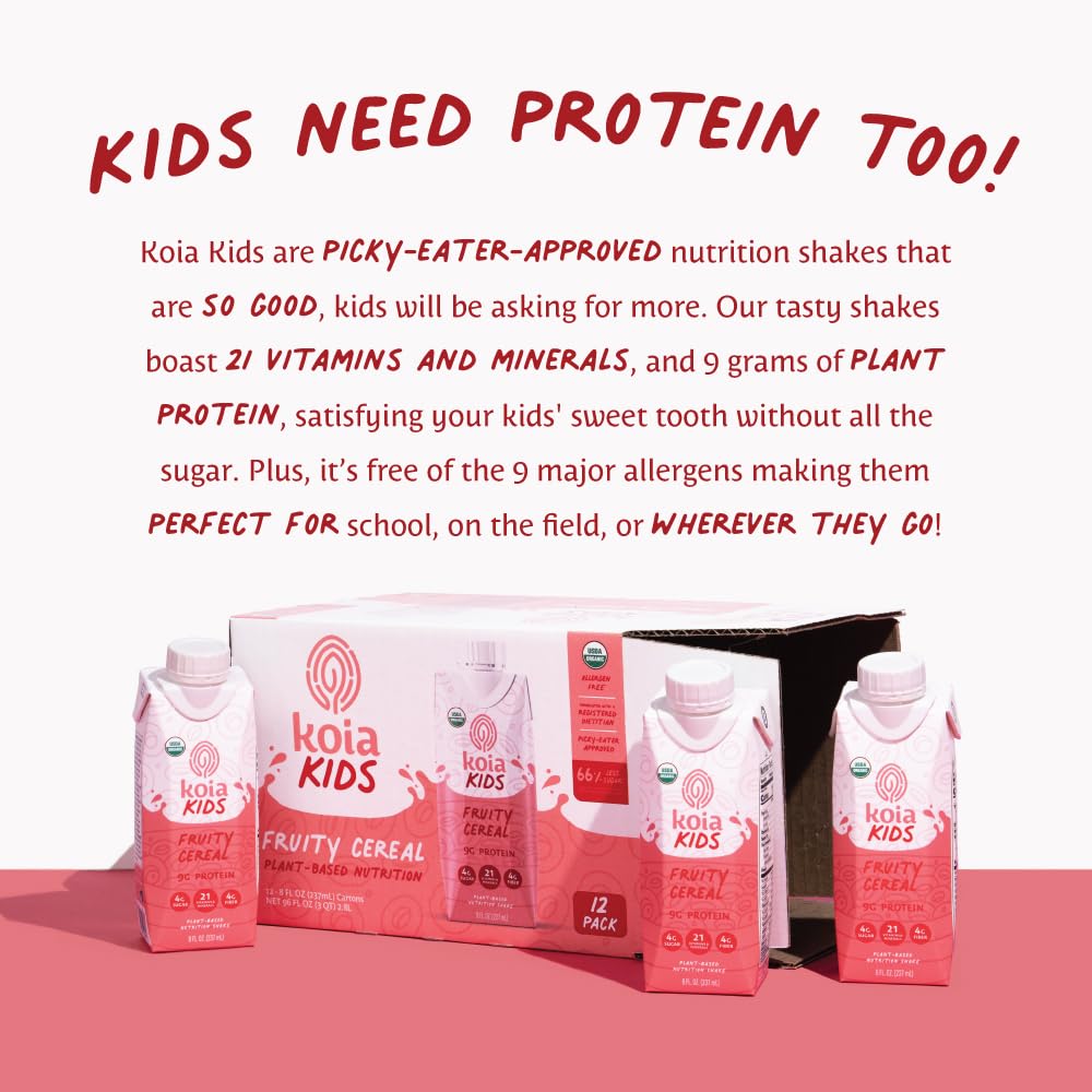Koia Kids Fruity Cereal back-of-label highlights low sugar and fiber benefits.