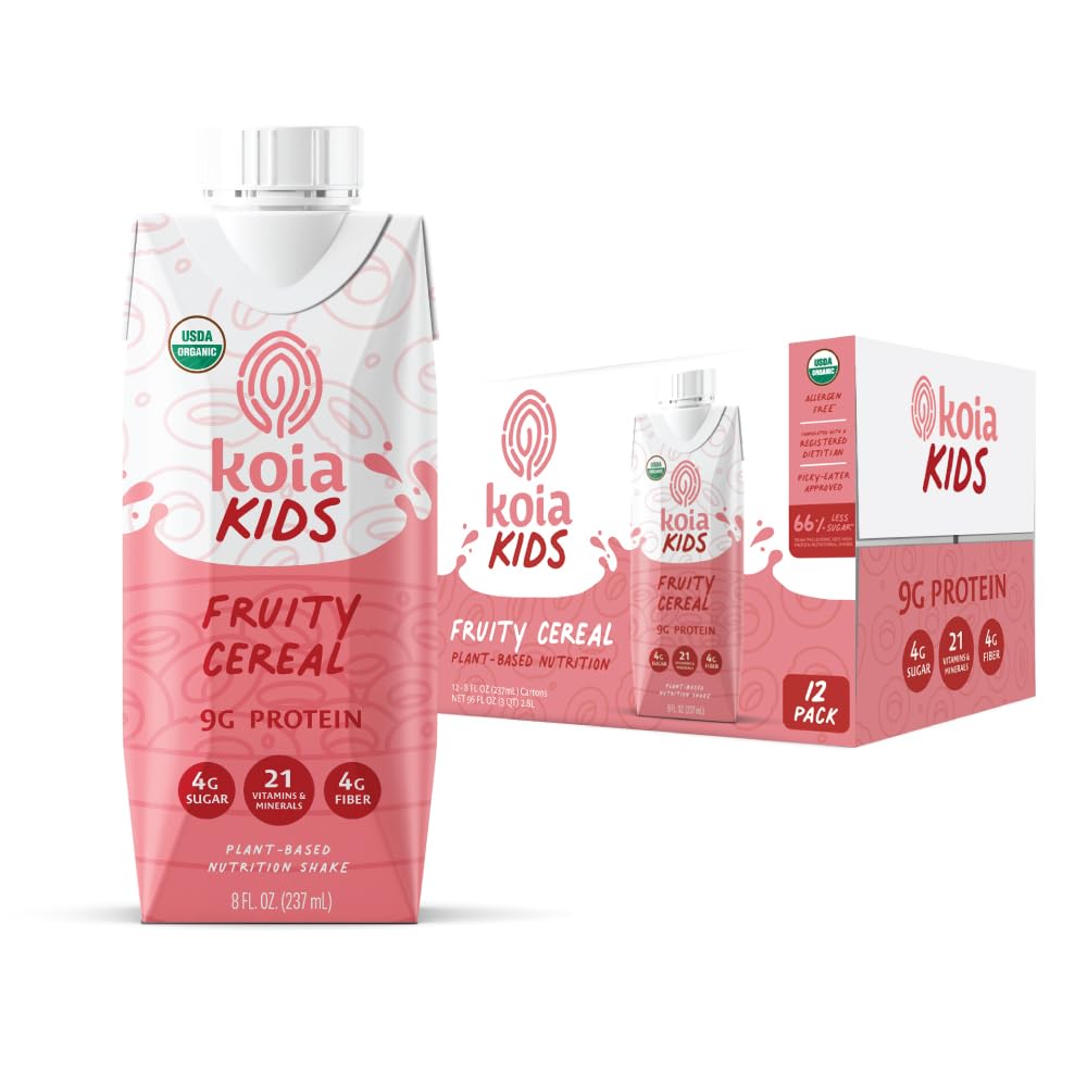 Koia Kids Fruity Cereal shake bottle front highlights dairy-free plant-based protein for active kids.