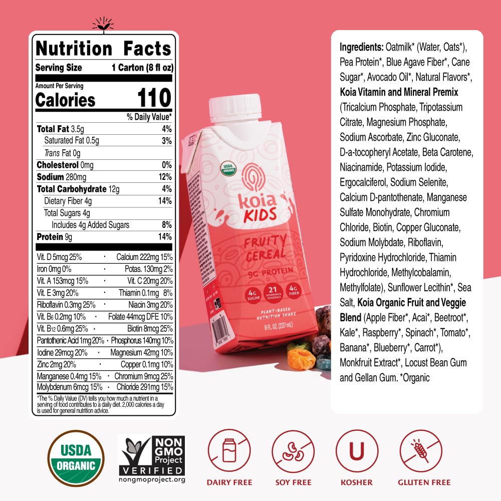 Koia Kids Fruity Cereal bottle side emphasizes 9g protein per serving for growing children.