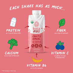Koia Kids Fruity Cereal ingredients image highlights fruits and vegetables in a kid-friendly shake.