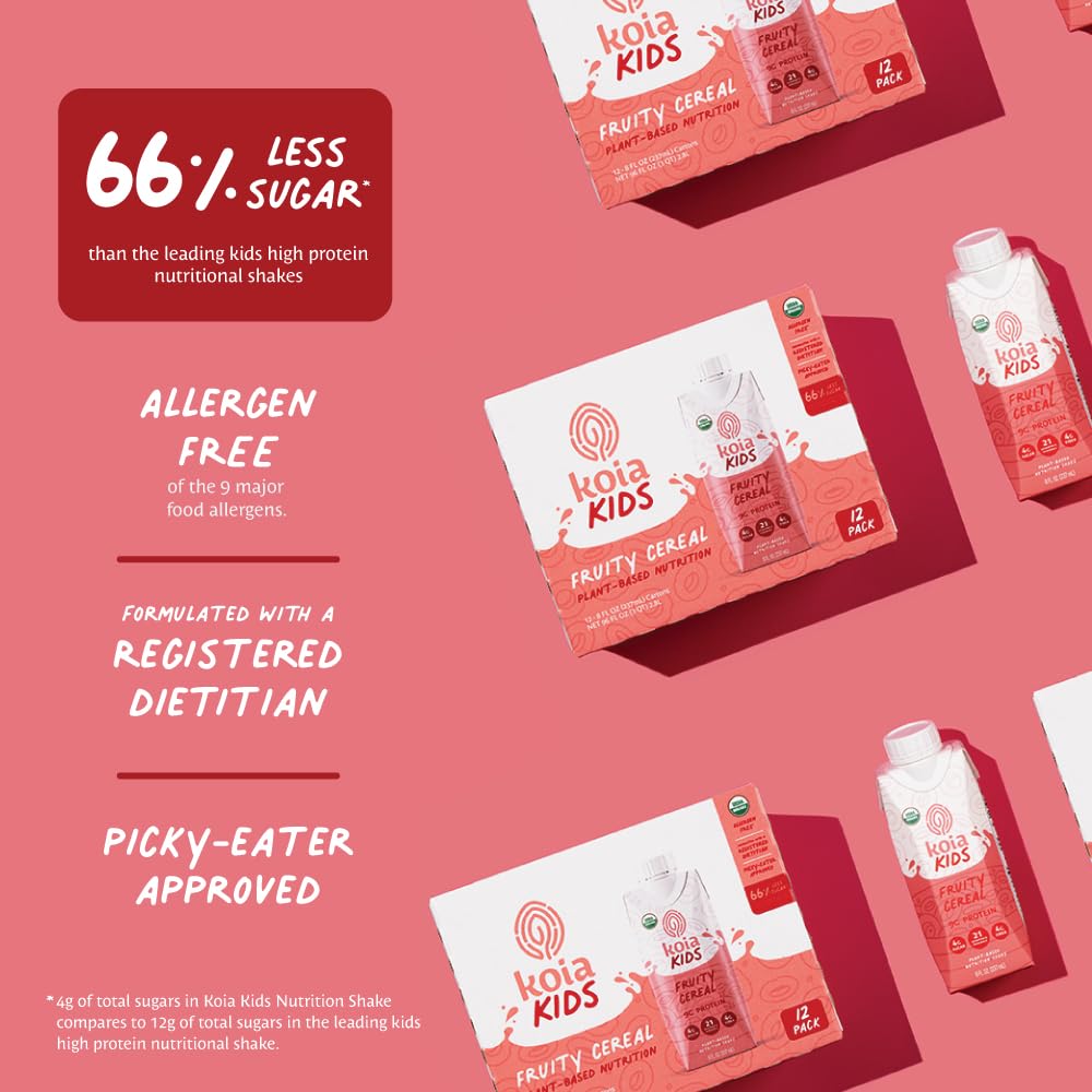 Koia Kids Fruity Cereal nutrition facts label communicates 21 vitamins and minerals.