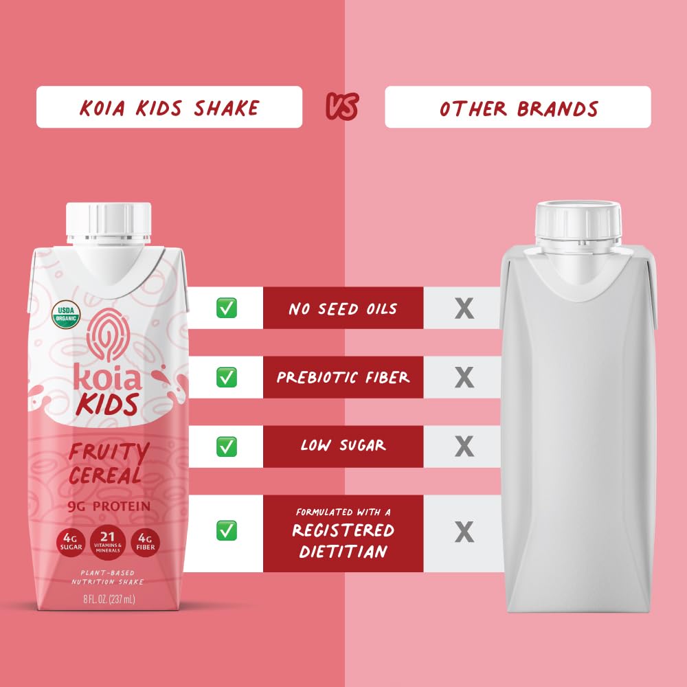 Koia Kids Fruity Cereal pack of 12 demonstrates convenient ready-to-drink family nutrition.