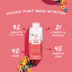 Koia Kids Fruity Cereal pouring glass shows creamy texture without dairy or common allergens.