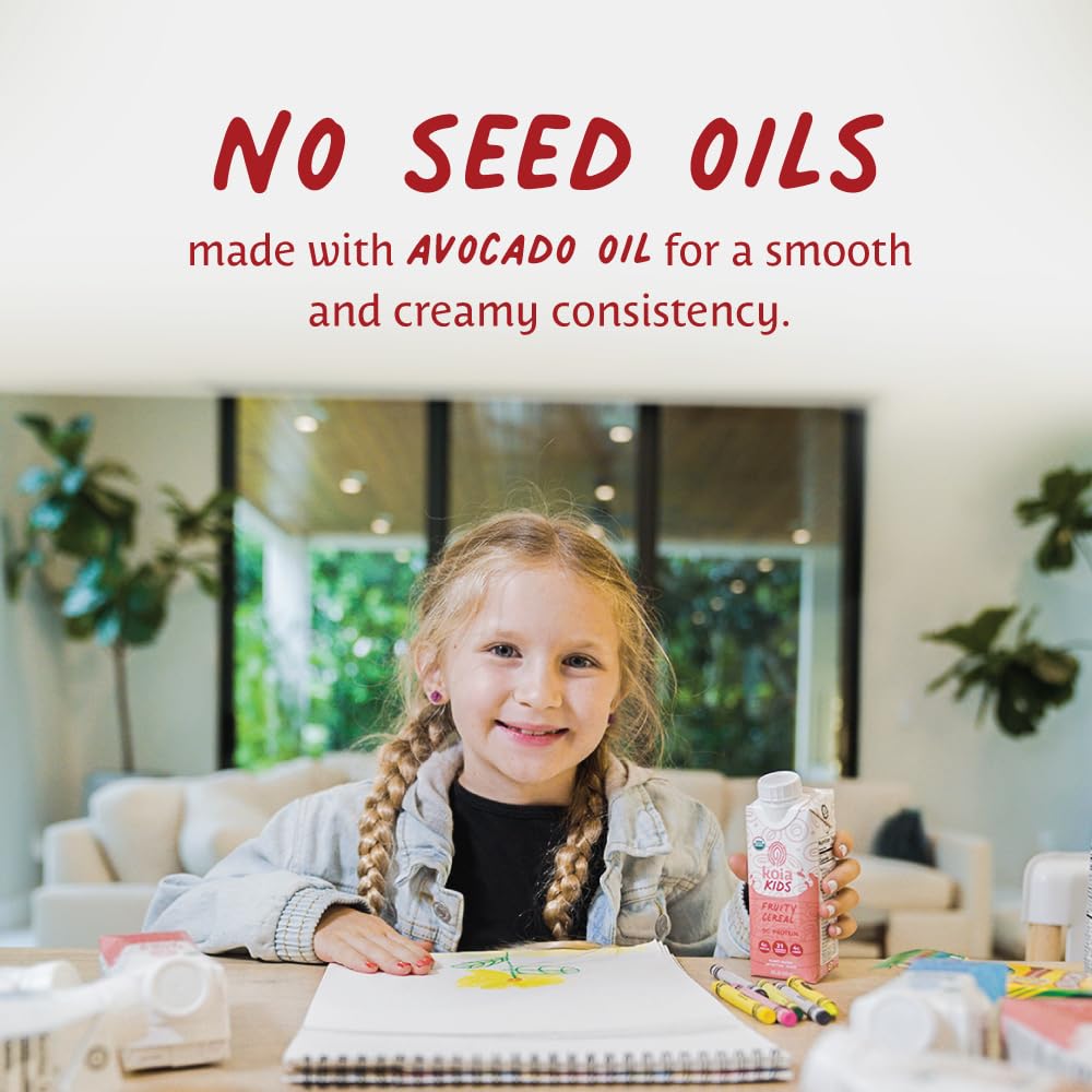 Koia Kids Fruity Cereal bottle closeup shows vegan, gluten-free, organic ingredients.