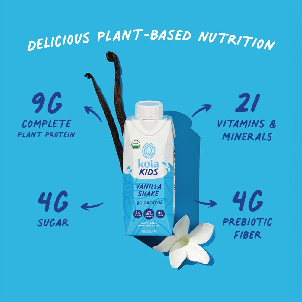 Close-up Nutrition facts panel on Koia Kids Vanilla bottle.