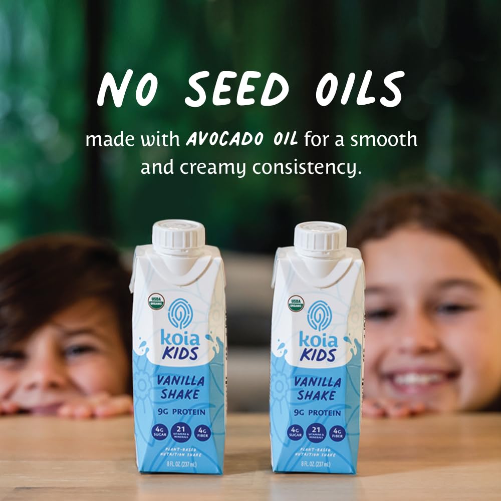 Organic and non-GMO seals on Koia Kids Vanilla packaging.