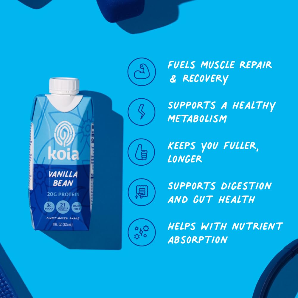 Koia Vanilla Bean protein shake pack front shows dairy-free formula.
