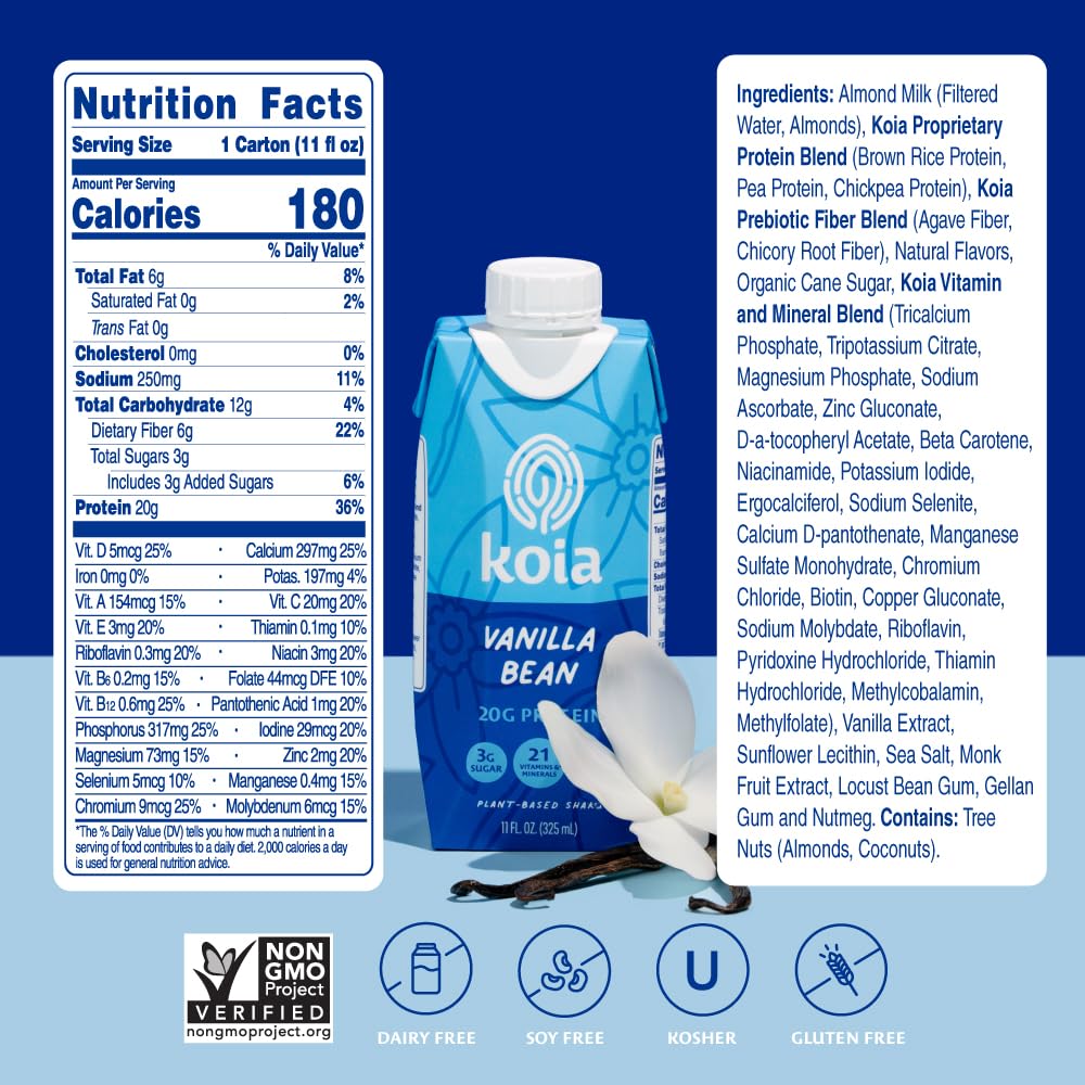 Koia Vanilla Bean protein shake pour into glass for easy sipping.
