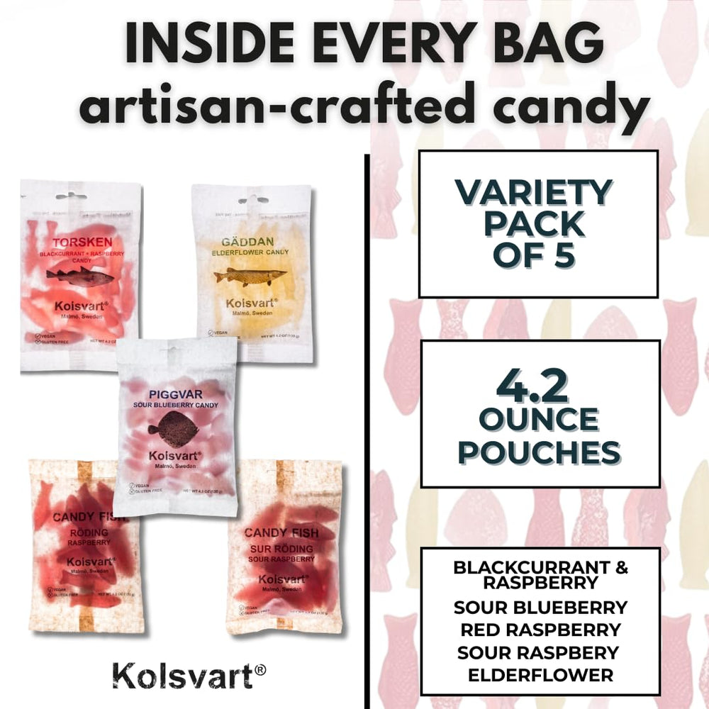 Kolsvart elderflower and black currant blend candy, delicate tones.