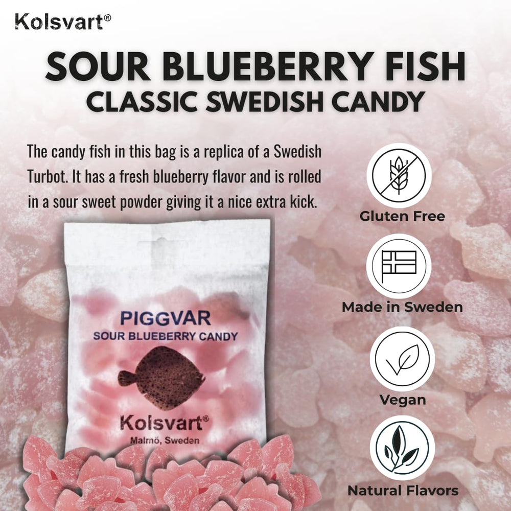 Kolsvart sour blueberry flounder gummies in bright color, tangy snack.