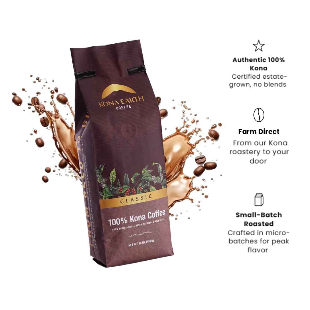 Kona Earth Classic medium roast beans offer smooth body and nutty chocolate notes.