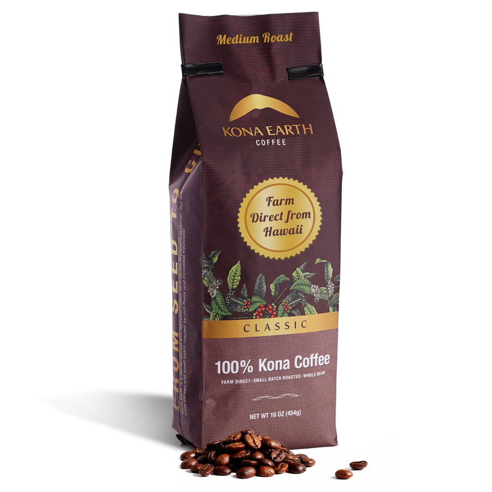 Kona Earth 100% Kona coffee beans ready for grinding and brewing.