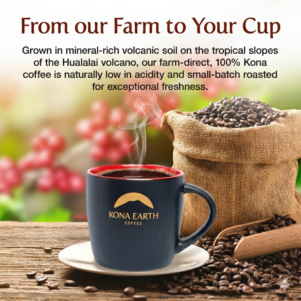 Kona Earth low-acid profile supports easy sipping across brewing methods.