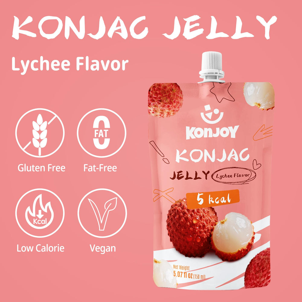 KONJOY Konjac Jelly pouch open pour, convenient on-the-go snack.