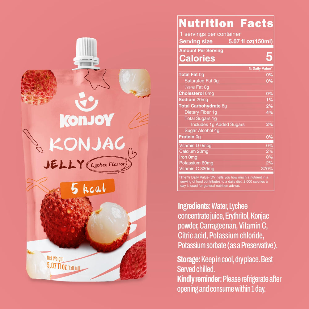 KONJOY Konjac Jelly texture close-up, chewy lychee flavor in drinkable form.