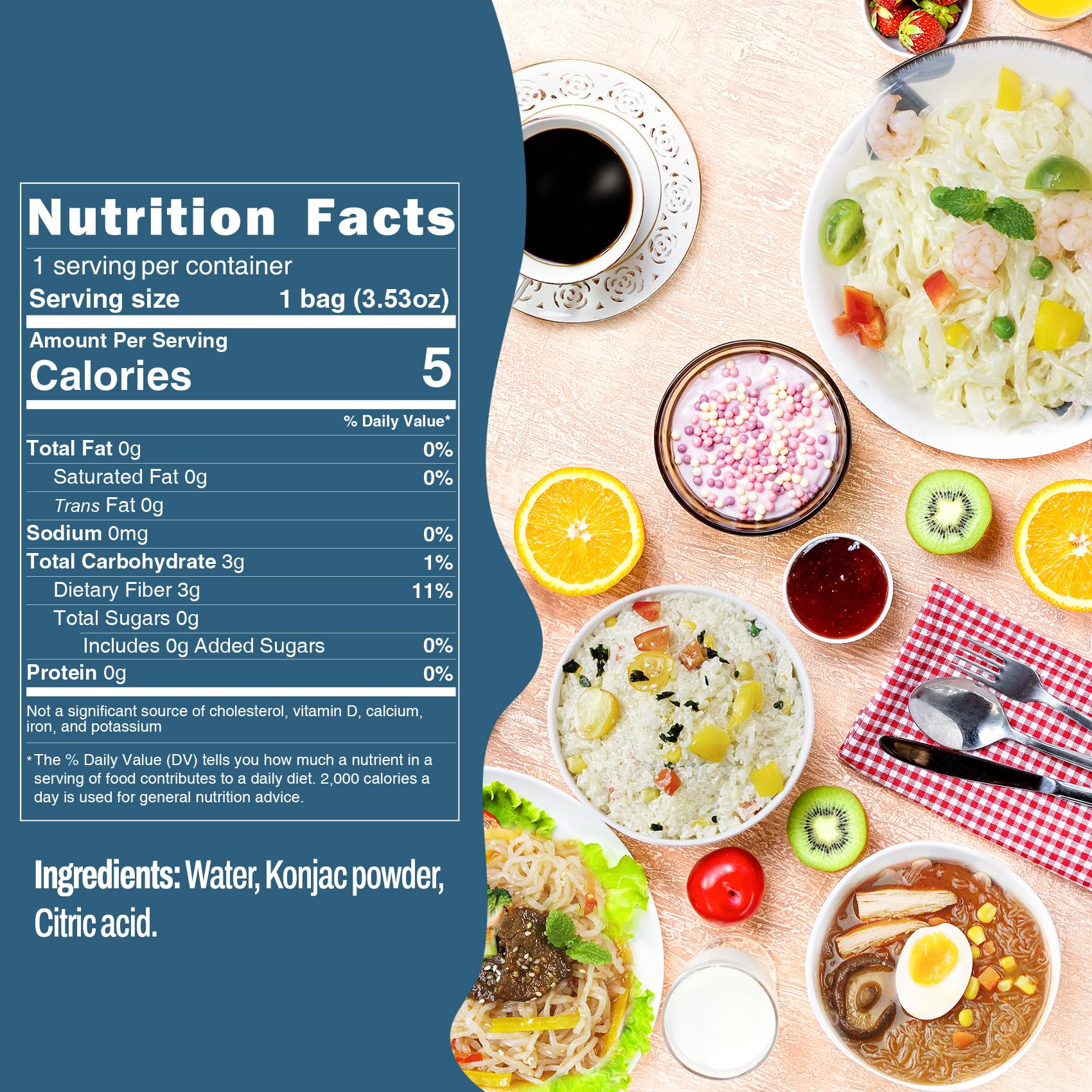 KONJOY Konjac fettuccine pack highlights keto-friendly pasta ready in minutes.